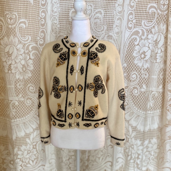 Vintage Premode Wool Beaded Cardigan Jacket (M) I Pearl & Gold Bead Embellished - Picture 2 of 11